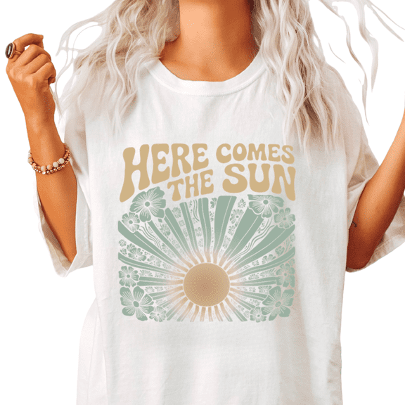 Here Comes The Sun Floral Print Tshirt White S-5XL 70s Boho Graphic Tees Shirts Tops