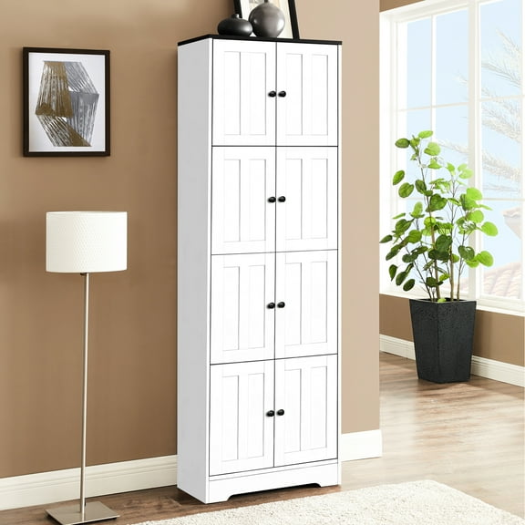 Tall White Storage Cabinet With 8 Doors And 4 Shelves For Closet - 8-door 4-shelf Living Room, Bedroom, Bathroom, Kitchen, Office Mess- Solution