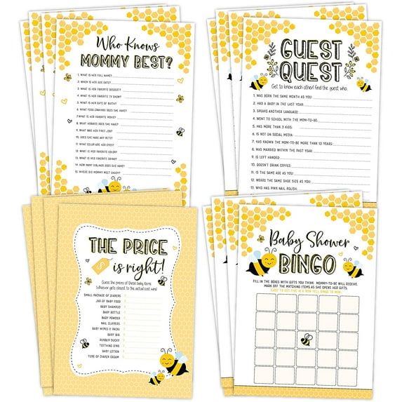 Mom To Bee Baby Shower Games, Neutral Yellow Bingo, Find The Guest, The Price Is Right, Who Knows Mommy Best, 25 games each