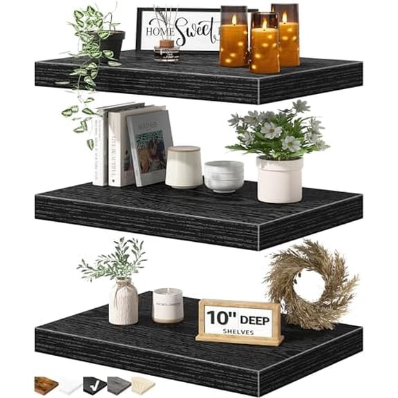 10" Deep Floating Shelves for Wall - 10 x 16 inch Book Shelf Bathroom Bedroom Kitchen Living Room Hanging Bookshelf Farmhouse Set of 3, Black (025-40B3)