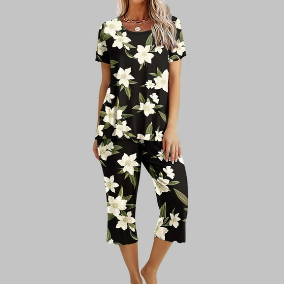 Women's Pajama Set Under $15 Short Sleeve Long Pants Casual Printed Sleeveless Round Neck Top Set