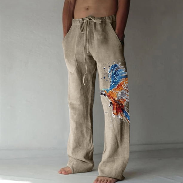 Pantalones largos de verano para hombre, de algodón y pierna ancha, deportivos con cordones estampados, informales