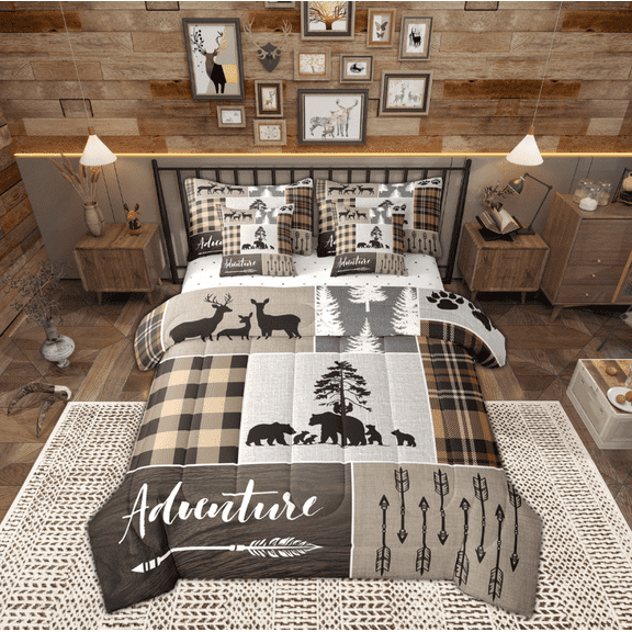 Manfei Wild Animal Bear 7-Piece Twin Bedding Sets,Outdoor Adventure Bedding Comforter Set,Vintage Brown Patchwork Plaid Sheet Sets For Boys,Microfiber Bedroom Decor