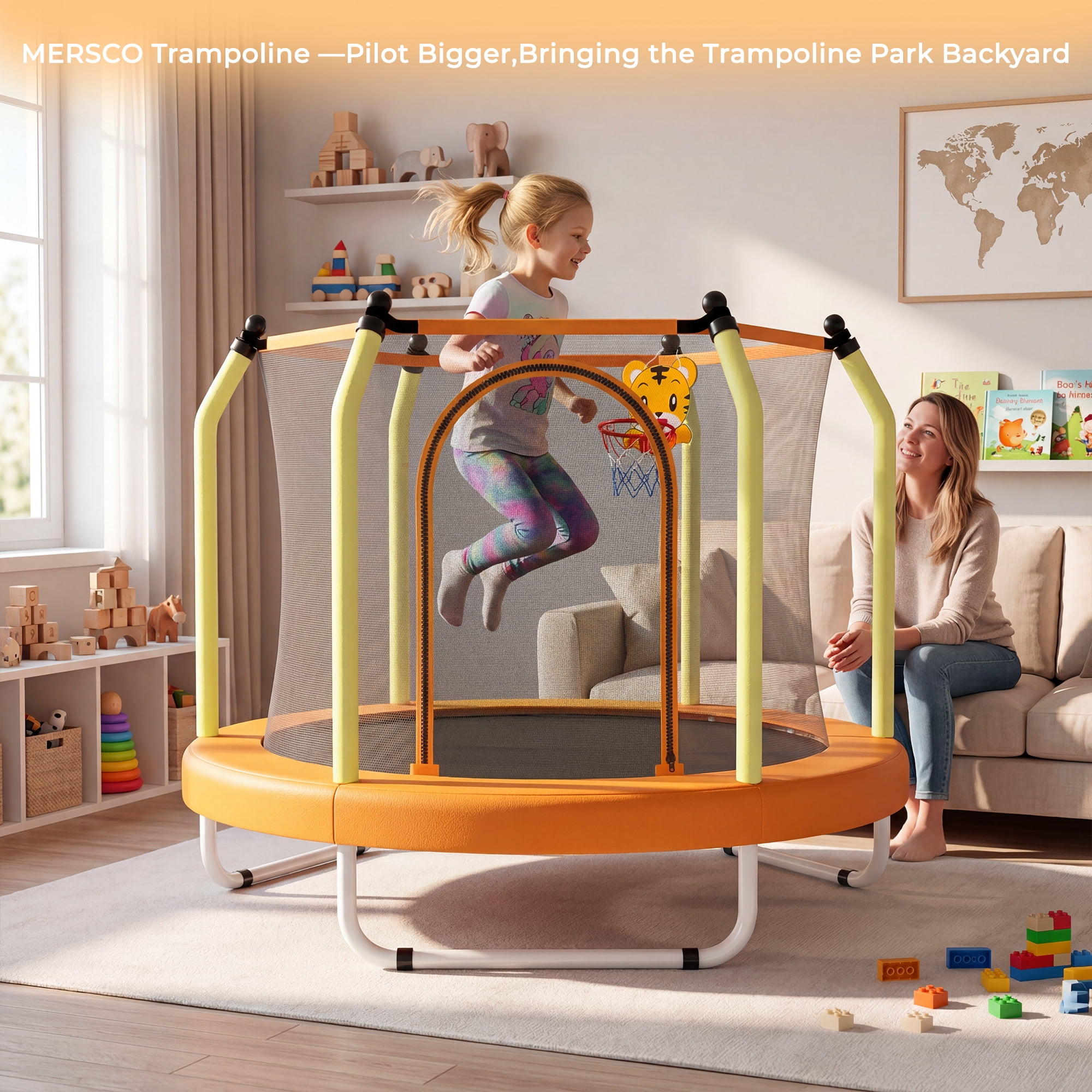 Mersco 55inch Kids Trampoline for Toddlers,Indoor and Outdor Trampoline with Safety Net, Mini Small Children Trampolines with Basketball  Hoop,Toddler Trampoline Birthday Gifts for Boys Girls, Orange