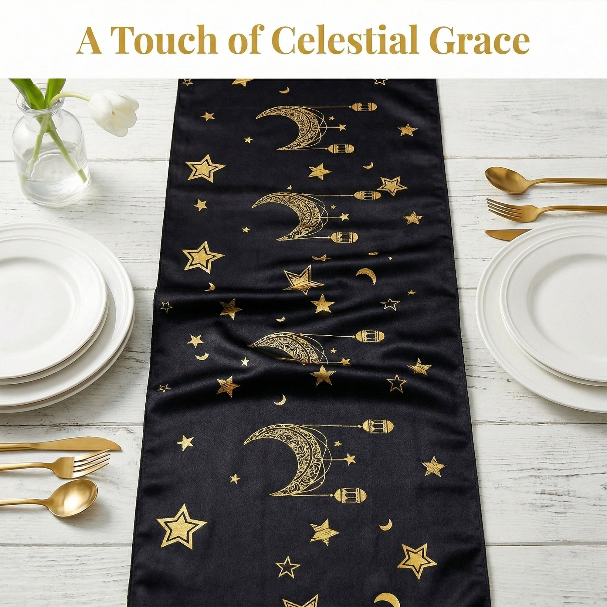 Unique Bargains Long Printed Polyester Table Runner for Decorations Black 13"x70.9"