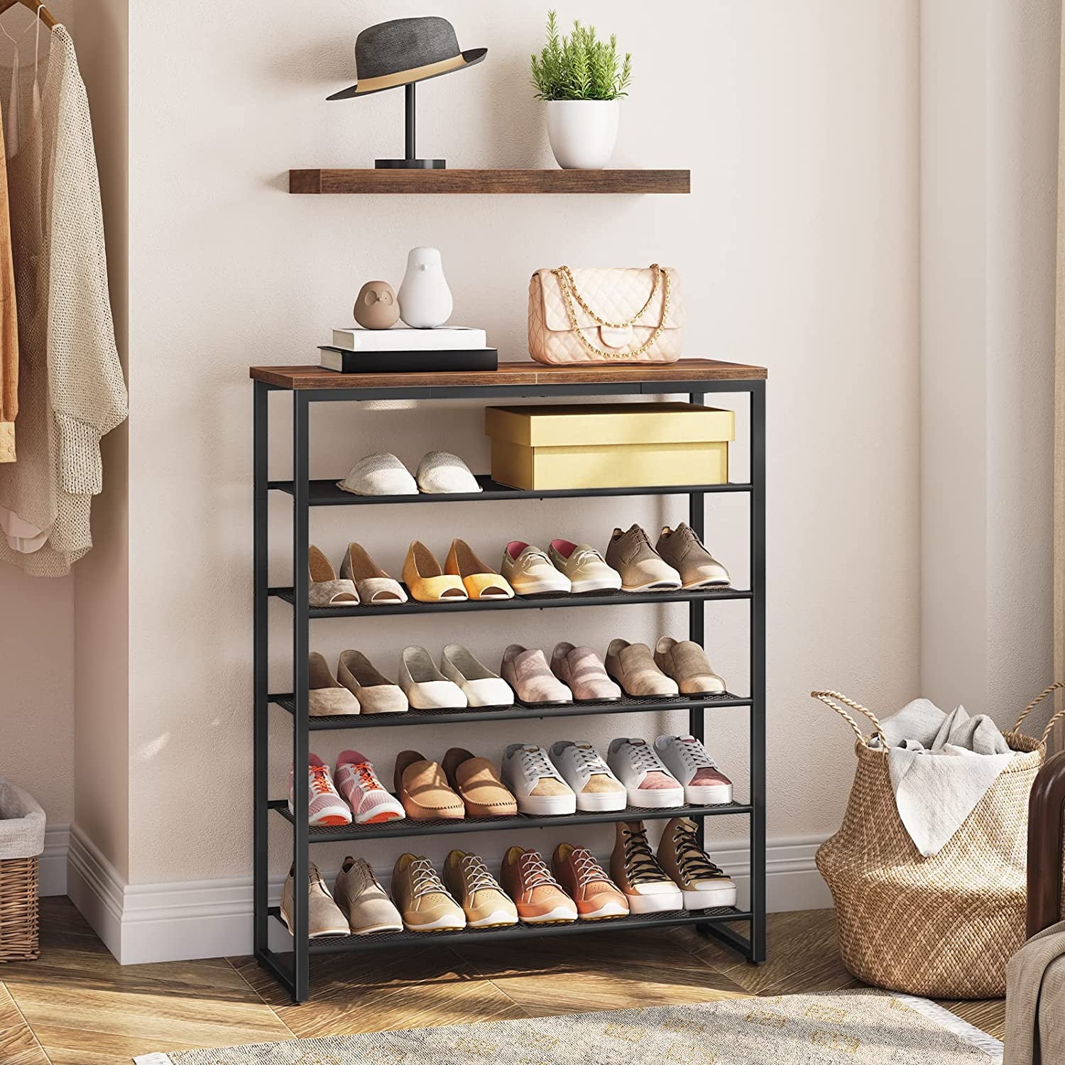 HOOBRO Shoe Rack 6-Tier Shoe Organizer Storage Shelf Entryway Closet Hallway Industrial Furniture Rustic Brown BF67XJ01G1