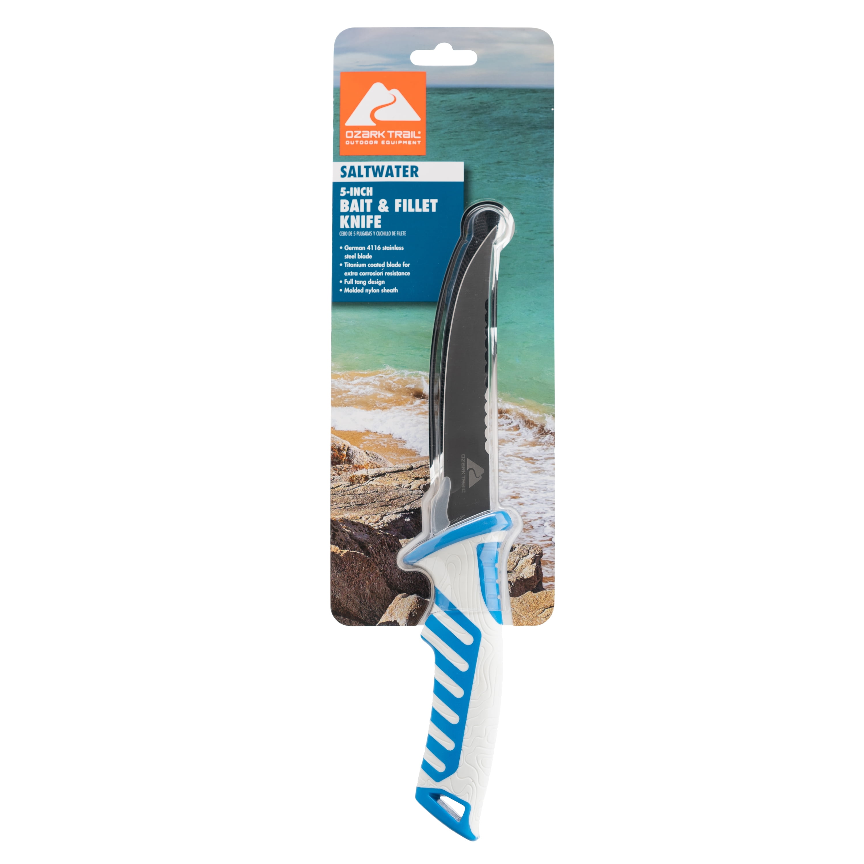 Ozark Trail Saltwater 5″ Bait and Fillet Knife, Straight Edge, Blue and White