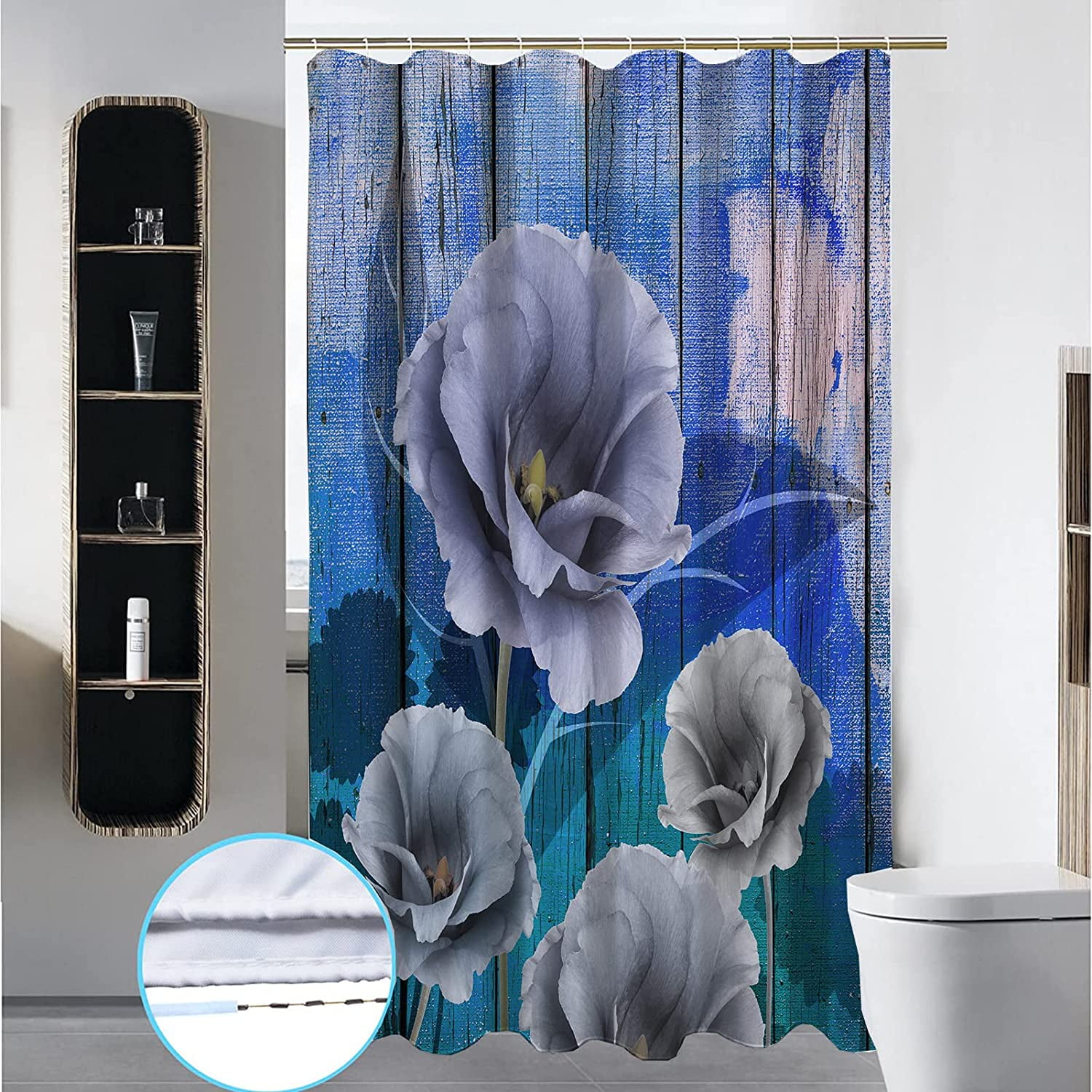 Stall Blue Rustic Shower Curtain,36x72 inch RV Bathroom Shower Curtains Set with Hooks,3D Floral Bath Curtain,Waterproof Fabric