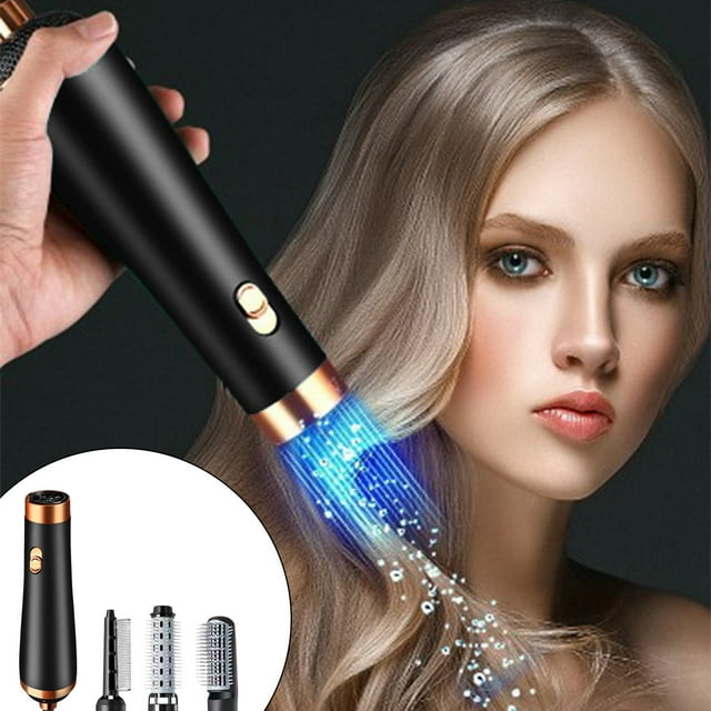 Combo rizador de aire caliente 3 en 1 para peinar y controlar el frizz, cepillo secador de pelo con iones negativos, voluminizador, 3 cepillos rizadores giratorios automáticos desmontables (negro).