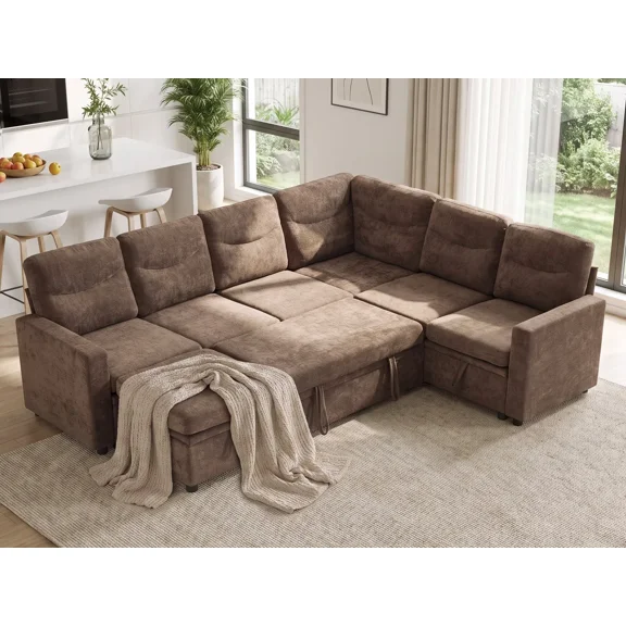 104" Sectional Sleeper Sofa Bed 7 Seat Pull Out Couch with Storage Brown