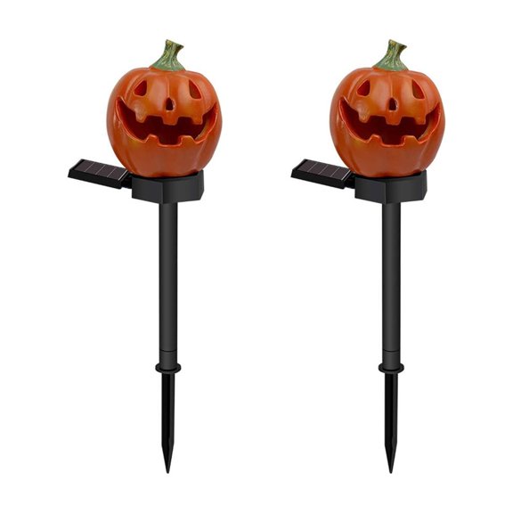 MMJ Solar Lights Outdoor, Set of 2 Halloween Pumpkin Stake Light, Auto On/Off, Waterproof Yard Garden Lawn Decor
