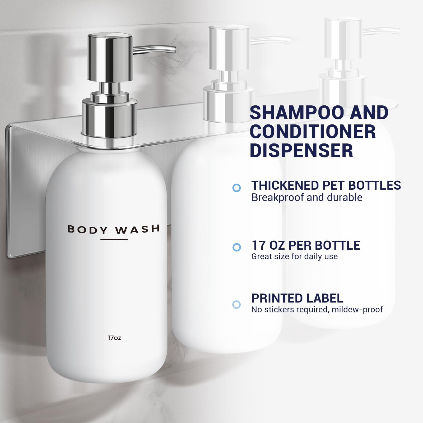 Shampoo and Conditioner Dispenser - Shower Soap Dispenser Wall Mounted - 17 fl oz Set of 3 Silver Plastic Bottles Black Pump - Shampoo Dispenser, Shower Dispenser
