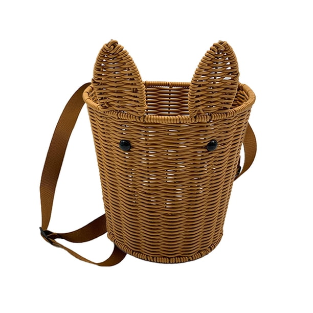 Cesta de almacenamiento para niños con orejas y ojos de conejo, de imitación de ratán, decorativa, con correas para hombro, ideal para recoger en