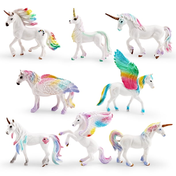 Juego de figuras de unicornio arcoíris, 8 piezas, PVC, juguete infantil con alas