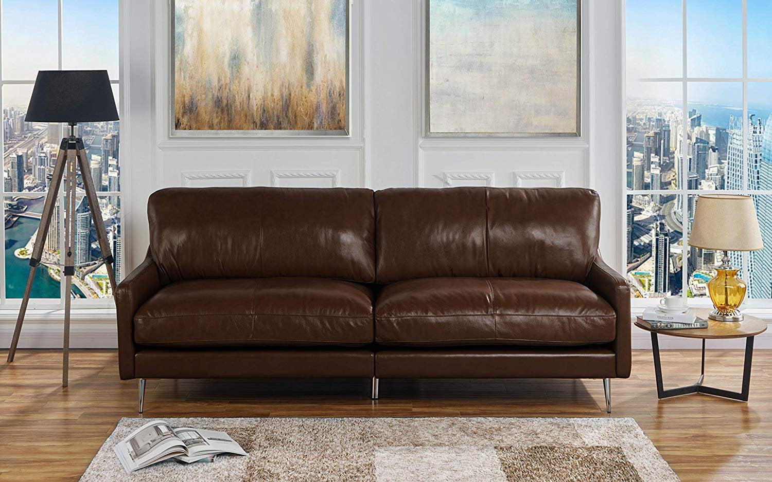 Mid Century Modern Plush Leather Living Room Sofa  Dark 