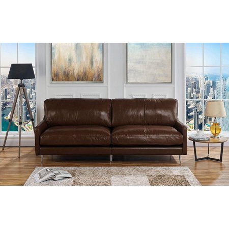 Mid Century Modern Plush Leather Living Room Sofa Dark Brown