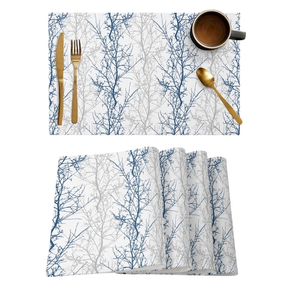 Navy Blue Grey Branch Placemats Set of 6, Spring Summer Pastoral Botanical Placemats for Dining Table, Place Mats for Kitchen Tabletop, Waterproof Wipeable Dining Table Mats Set