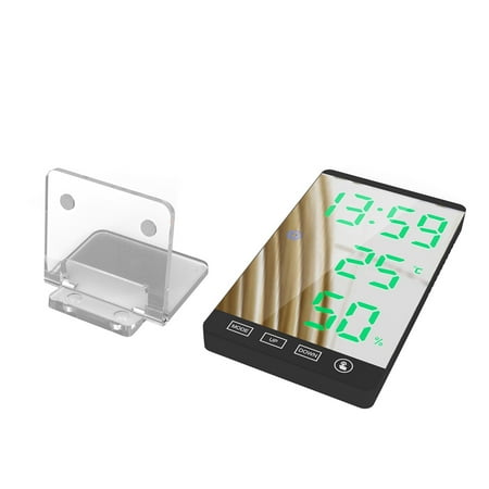 

Alarm Clock LED Digital Display Clock Mirror Touch Desktop Hygrometer Black Frame Blue Number