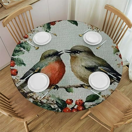 

SHERONV Round Tablecloth Birds Branch Berries Stain-Resistant 100% Polyester 54 -58