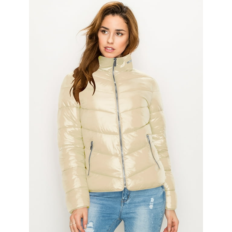 Made by Johnny Women s Lightweight Padded Quilted Water Resistant Jacket with Attached Zip In Hoodie M CREAM