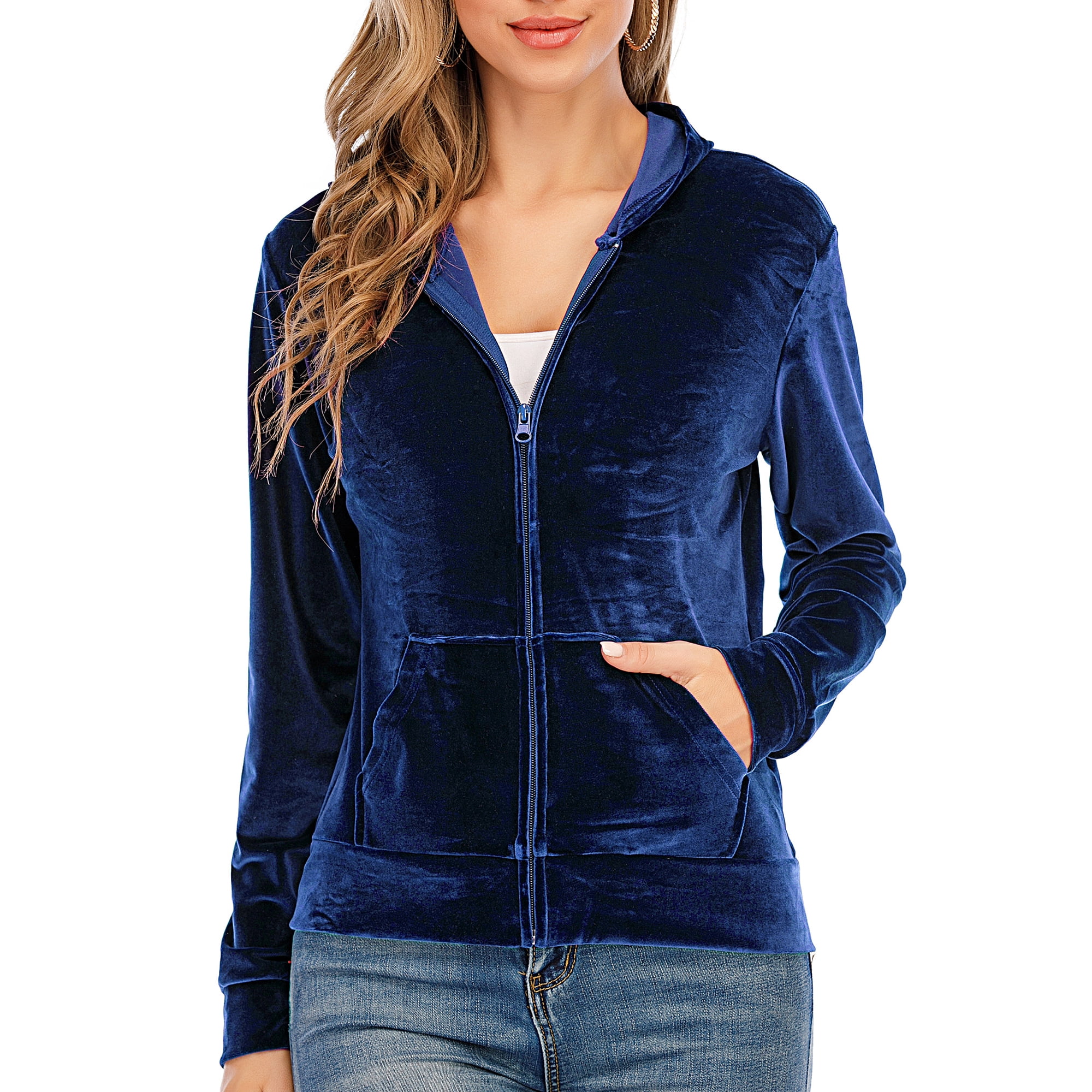 Women's Soft Velour Zipper-Up Track Jacket with Hoodie Casual