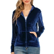 Women's Soft Velour Zipper-Up Track Jacket with Hoodie Casual Velour Coat Tops Activewear Red/Purple