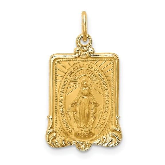 Auriga 14K Yellow Gold Solid Satin Rectangle Framed Miraculous Medal Pendant (L-23.55mm, W-13.25mm)
