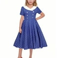 thumbnail image 6 of lcziwo Kids Girls Vintage Polka Dot 50's Girls Dress Short Sleeve Turn-Down Collar Swing Dress Party Dress Blue 12 Years, 6 of 7