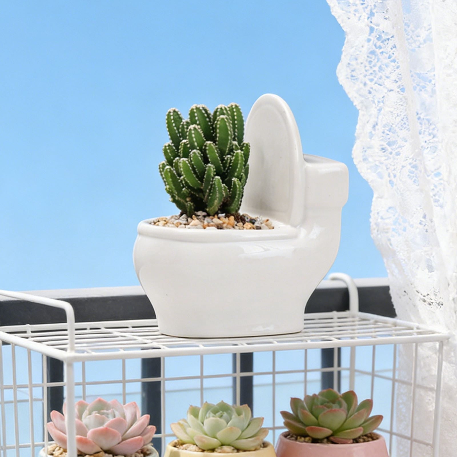 Personalized Toilet-Shaped Succulent Planter,White Ceramic Desktop Flower Pot,Unique European Style Small Plant Holder w/ Drainage,Perfect for Office Desk Balcony or Indoor Gardening Display-White-L