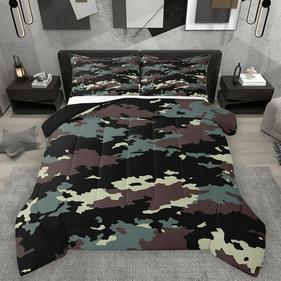 Homewish Rustic Camo Bedding Comforter Set,Country Farmhouse Lodge Twin Comforter Sets,Green Brown Black Bedding Set For Boys Kids,Ultra Soft Home Decor Reversible,2pcs