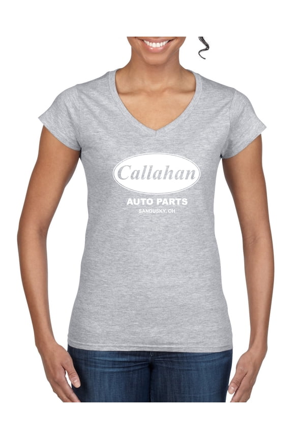 , Callahan Auto Parts Sandusky Ohio Retro 90s Funny Tommy Boy, Pop Culture, Women Standard V-Neck Tee, Heather Grey, Small