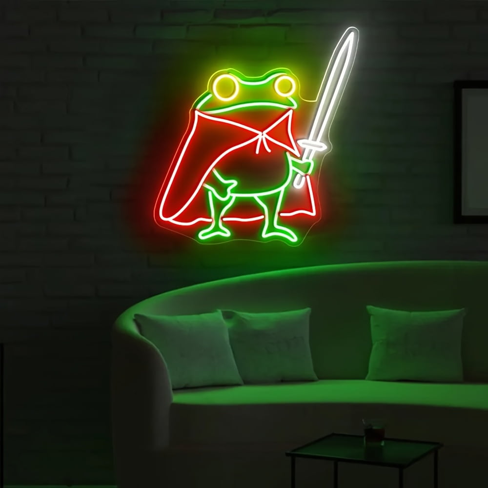 USB-powered Frog Prince neon sign with sword & cape. Vibrant green glow, durable plastic, easy mount. Perfect for kids' room or play area decor.