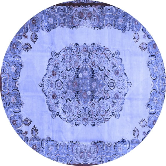 Ahgly Company Machine Washable Indoor Round Medallion Blue Traditional Area Rugs, 3' Round
