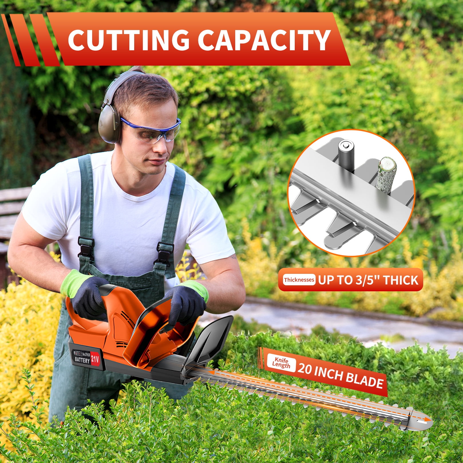 Focily 21V Hedge Trimmer Cordless, 22'' Electric Hedge Trimmer with 3.0Ah Batteries and Charger, 650W, 18500rpm Hedge Trimmer for Bush & Shrub Cutting, Trimming, Pruning
