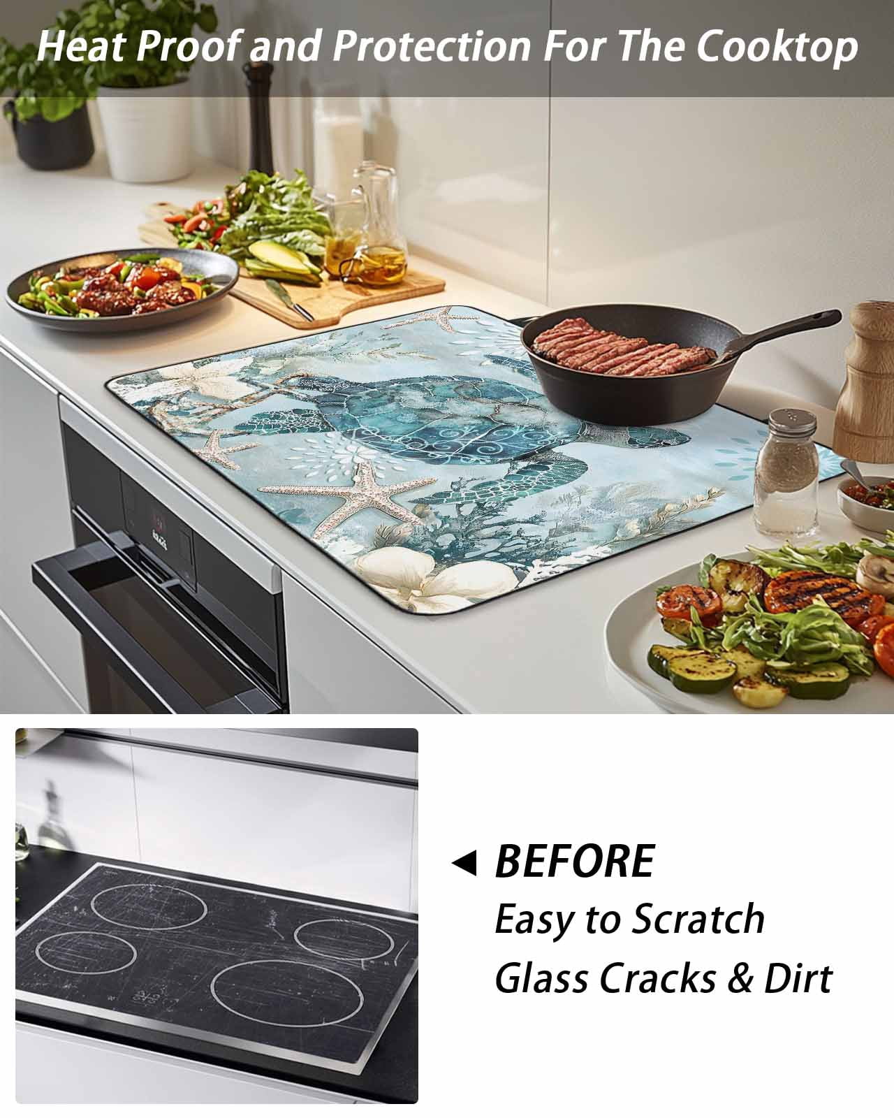 Stove Top Covers for Electric Stove, Teal Turtle Coastal Glass Stovetop Cover Protector, Summer Beach Nautical Starfish Induction Cooktop Protector Oven Mat for Kitchen Countertop 24"x21"