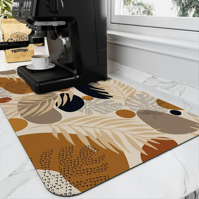 Boho Tropical Palm Leaf Geometric Coffee Mat 16"x24" Absorbent Hide Stain Rubber Backed Dish Drying Mat for Kitchen Counter Stylish Coffee Bar Accessory and Decor Gift
