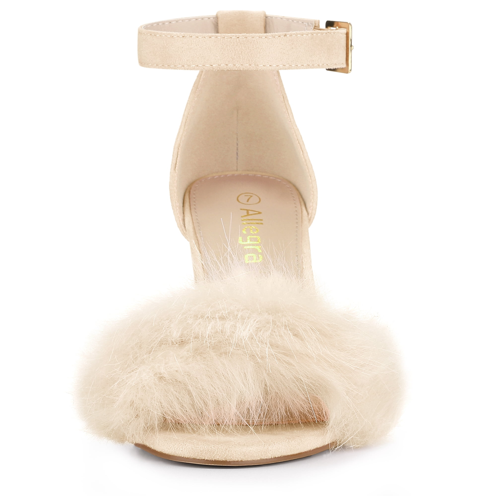 DARING DIVA Women's Ankle Strap Faux Fur Block Heels Beige Sandals for Wear Beige 10