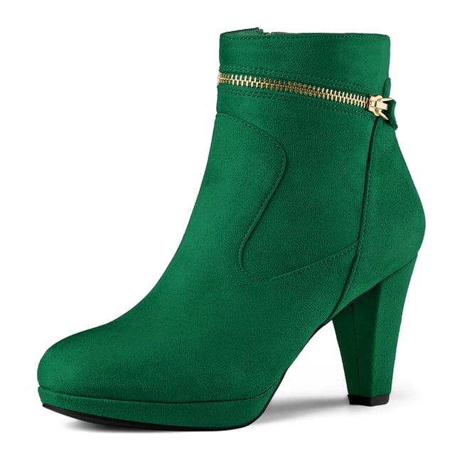 botines de tacón allegra k punta redonda verde 36 Botín de tacón grueso verde en faux suede hasta el tobillo con punta redonda y cremallera lateral dorada visible, tacón 8.5 cm y plataforma 1.5 cm, suela de caucho; ideal para botas de noche o salidas informales.