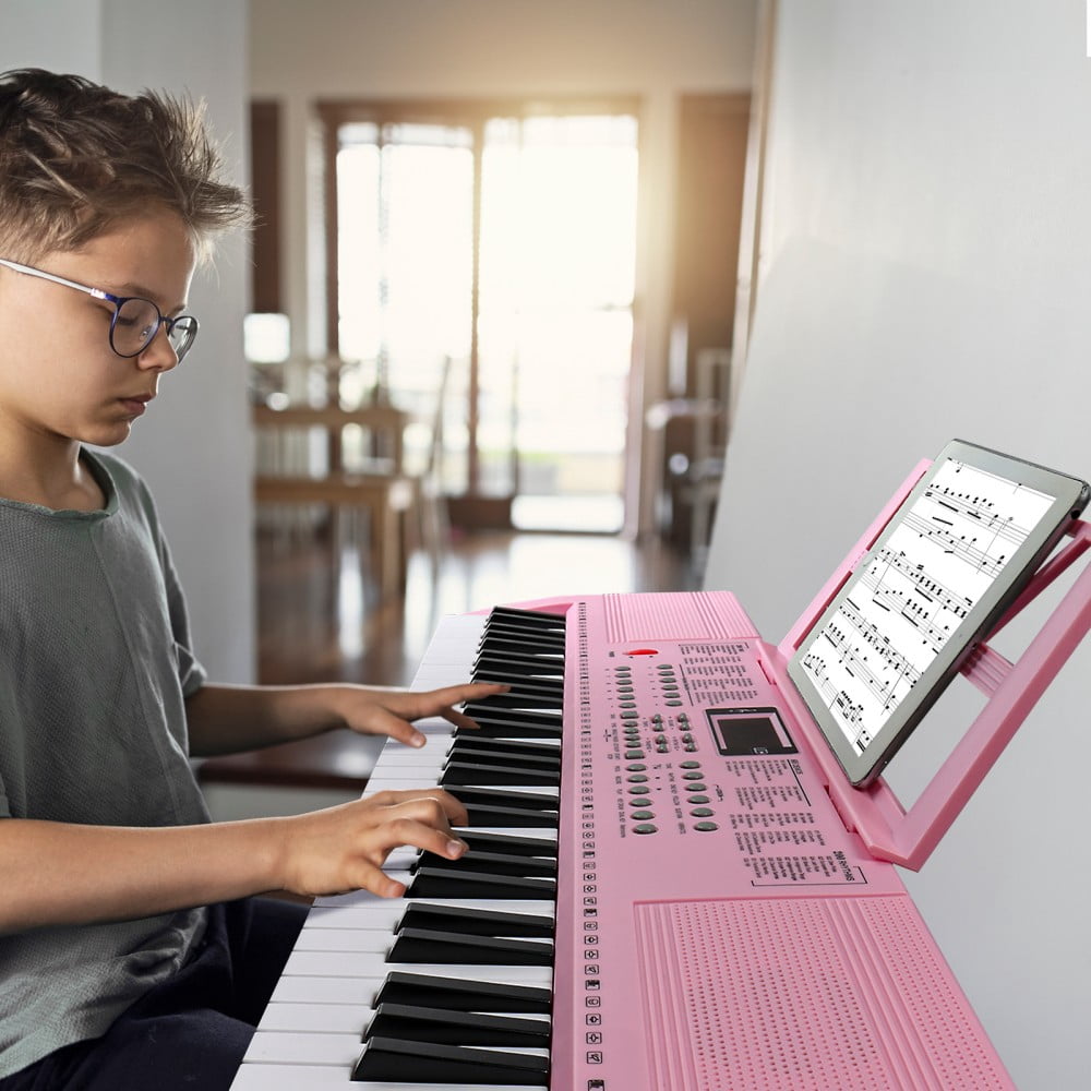 61-Key Portable Electric Keyboard Piano with Built-In Speakers, LED Screen, Headphones, Microphone, Piano Stand, Music Sheet, Including Stand and Stool (Pink)