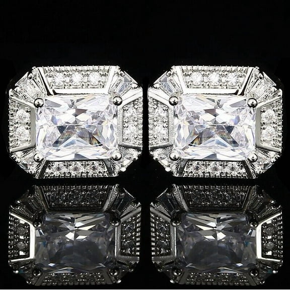 2Ct Simulated Moissanite Emerald Cut Men Cufflinks 14K White Gold Plated Wedding Party Cuff Links Gift
