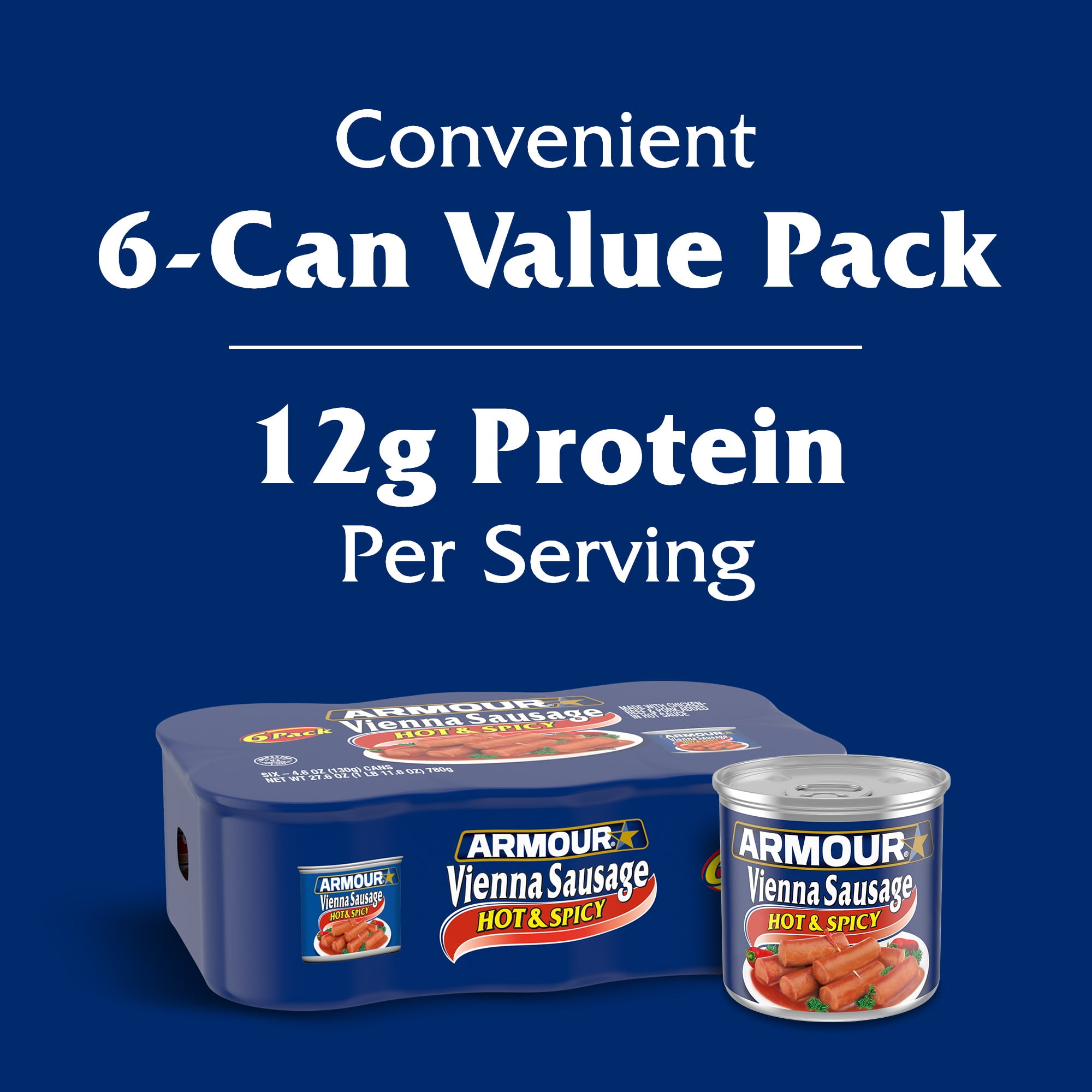 (8 pack) Armour Star Vienna Sausage, Hot & Spicy Flavored, 12g Protein Per Serving, Canned Sausage, 4.6 oz Can (Pack of 6)