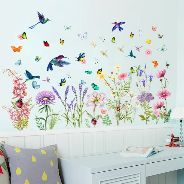 Adhesivos de pared de PVC con forma de flor de primavera, mariposa, colibrí