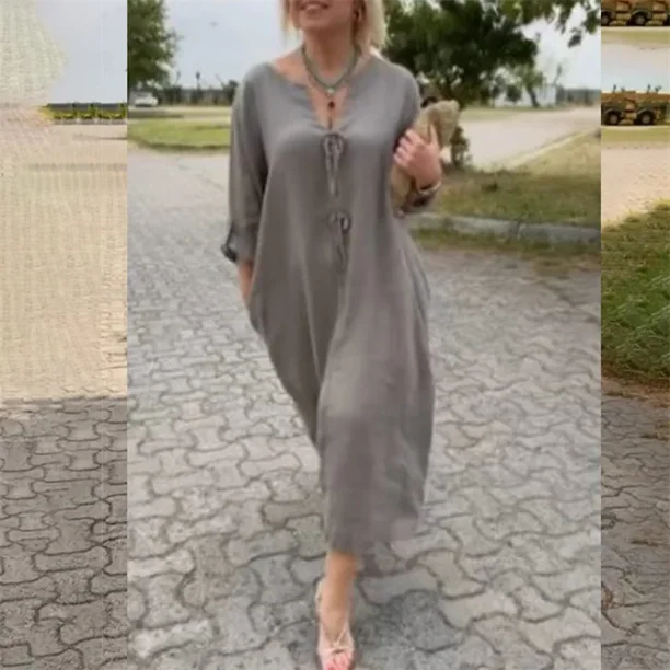 Vestido largo holgado informal para mujer, traje de estilo Simple con dos botones grandes, cuello en V profundo, Color sólido, 2024