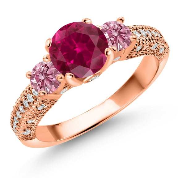 Gem Stone King 18K Rose Gold Plated Silver Red Created Ruby Pink Lab Grown Diamond and White Moissanite Engagement Ring for Women (2.13 Cttw, Gemstone July Birthstone, Round 7MM and 4MM, Size 7)