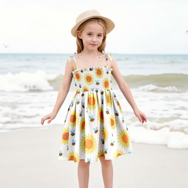 Robes pour Filles Robe à Fleurs à Bretelles Légère Robe d'Été avec Attaches Réglables pour la Plage et les Sorties Décontractées