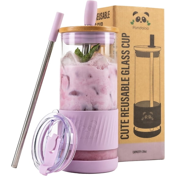 Glass Cups With Lids and Straws -20 Fl Oz- Perfect Size Iced Coffee Cup - Smoothie Bamboo Lid On the go Tumbler Straw (1 Count (Pack of 1), Lilac Rhapsody)