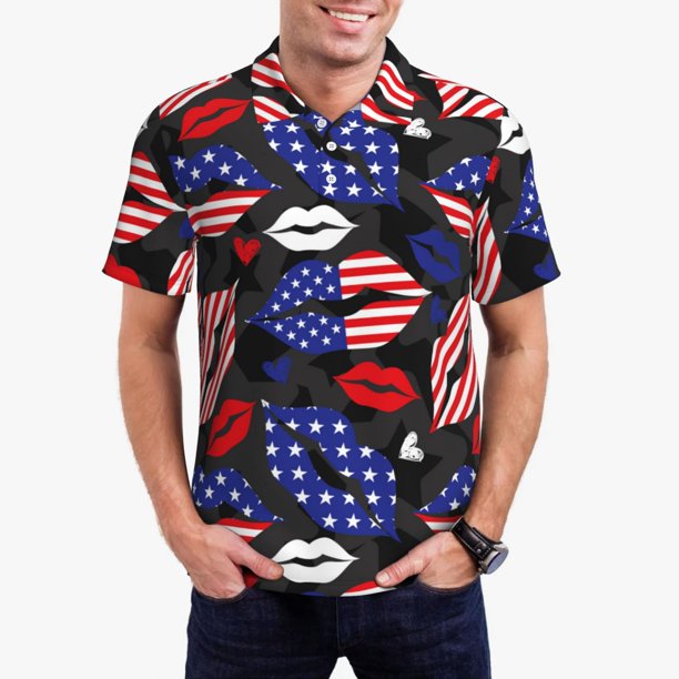 Fotbe American With Lips Camiseta Polo de Golf para Hombre con Estampado – Camisa Deportiva Transpirable con Cuello Abotonado-Large