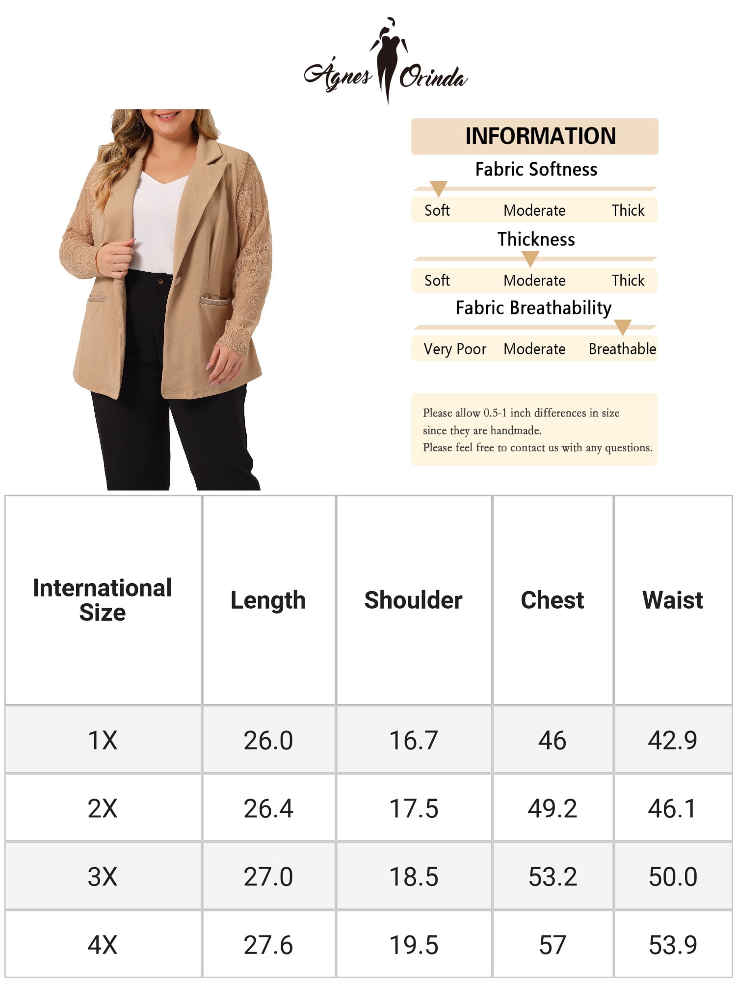 Unique Bargains Women's Plus Size Work Notch Lapel Lace Front Blazers Jackets 4X Khaki