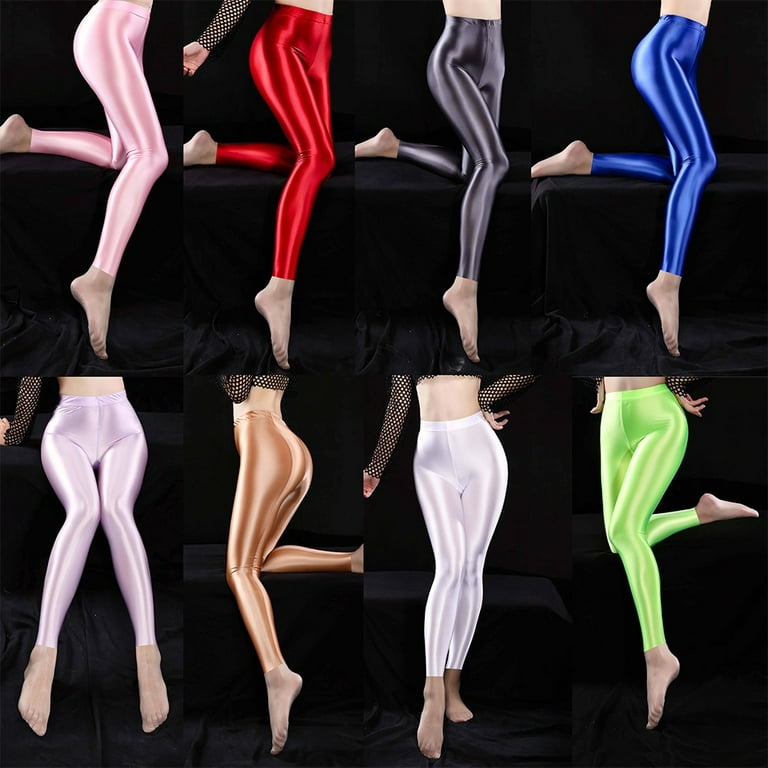 Fule Women Shiny Glossy Opaque Leggings Super Elastic Slim