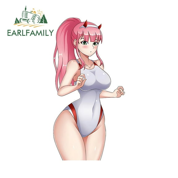 EARLFAMILY 5.1 Inch Zero Two Swimsuits Decal Pink Hair Anime Car Sticker Waterproof  Laptop Vinyl Car Wrap